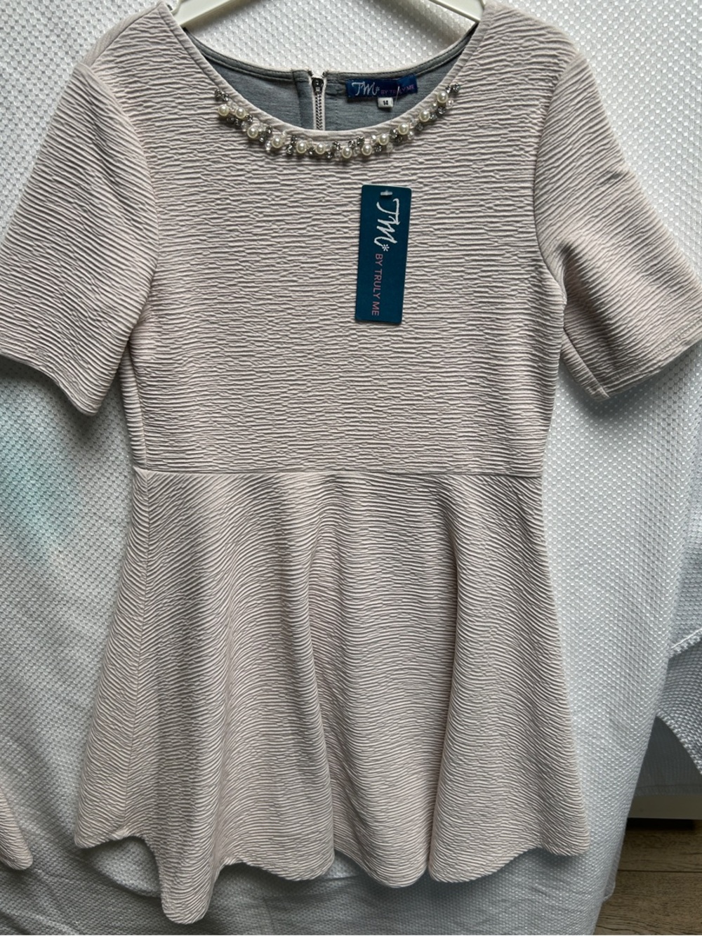 TM by Truly Me Pearl-Trim Textured Champagne Fit & Flare Dress. 14 & 16. NWT